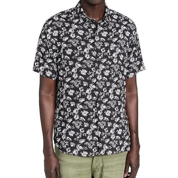 VINCE Shirt Mens XXL Black Floral Short Sleeve Pocket Button Up Linen Blend $225 - Picture 1 of 10